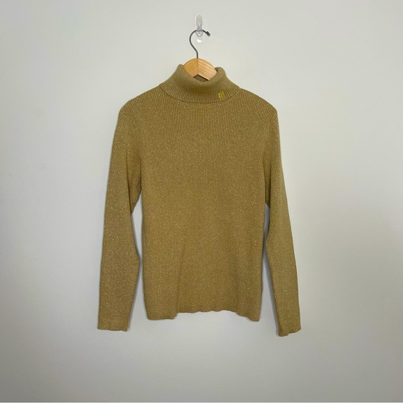 Lauren Ralph Lauren Metallic Gold Ribbed Turtleneck Sweater quiet luxury - Picture 7 of 11